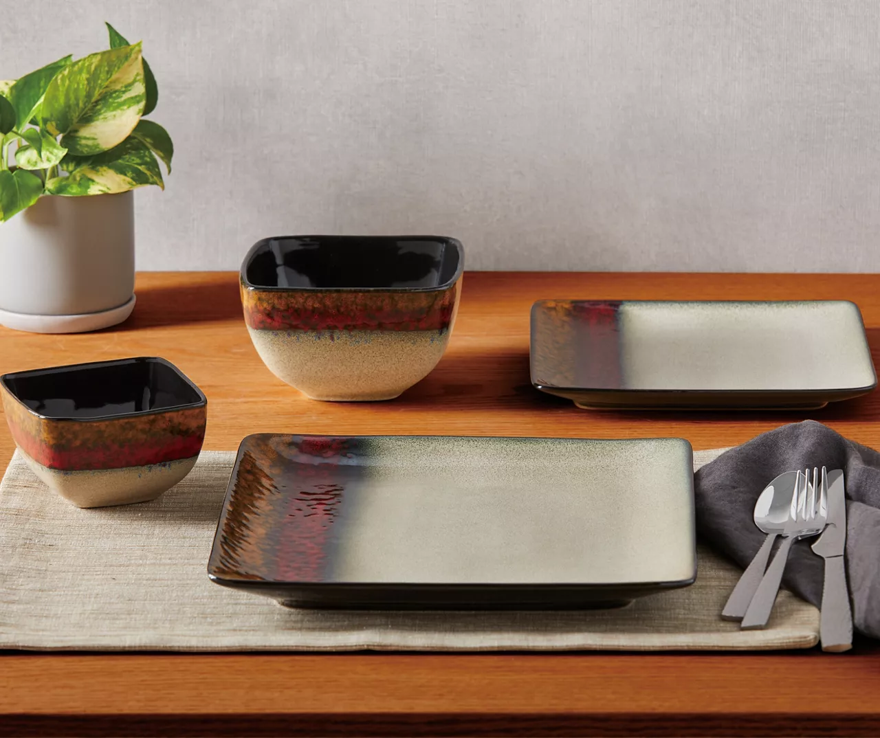 Red, Gold & Cream Square 16-Piece Stoneware Dinnerware Set 2 Red, Gold & Cream Square 16-Piece Stoneware Dinnerware Set - Image 2