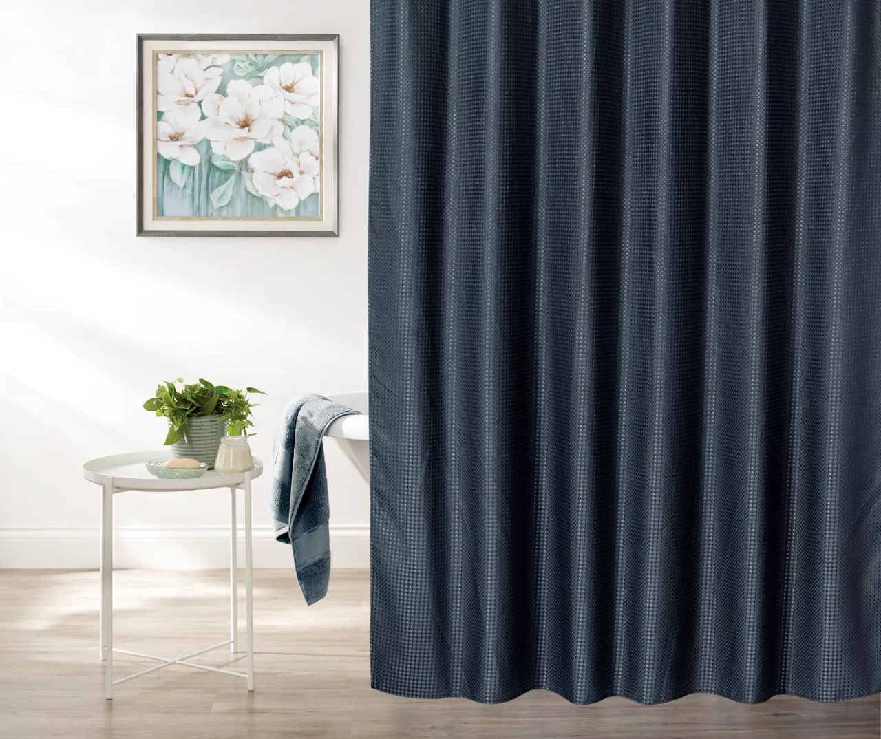 Denim Blue Embossed Waffle Shower Curtain 1 Denim Blue Embossed Waffle Shower Curtain