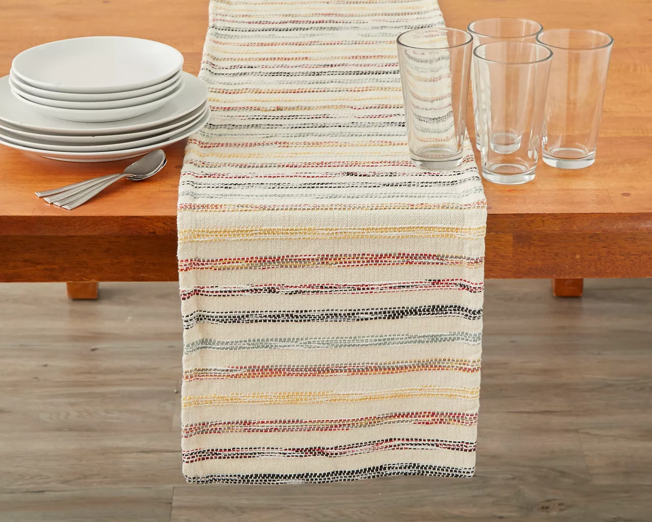 Beige & Multicolor Stitched Stripe Table Runner 1 Beige & Multicolor Stitched Stripe Table Runner