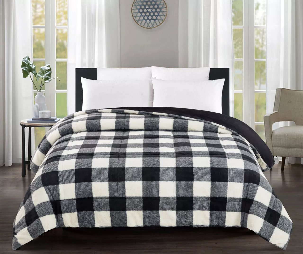 Black & White Buffalo Plaid Faux Fur Full/Queen Comforter 1 Black & White Buffalo Plaid Faux Fur Full/Queen Comforter