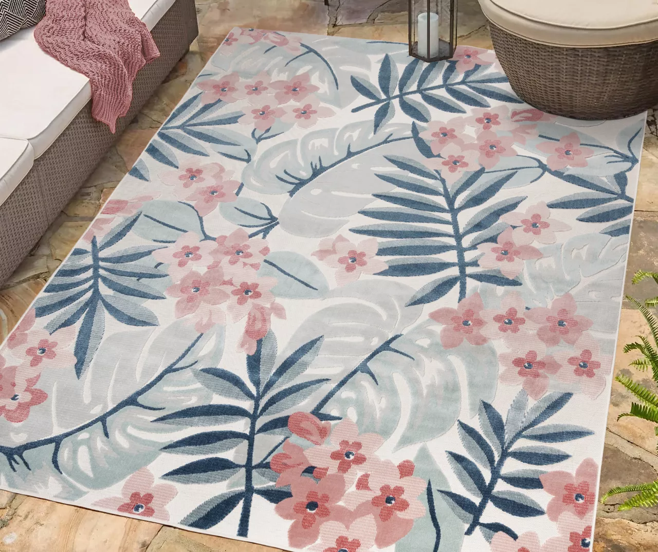 Nauru Blue & Pink Floral Outdoor Area Rug, (8' X 10') 2 Nauru Blue & Pink Floral Outdoor Area Rug, (8' X 10') - Image 2