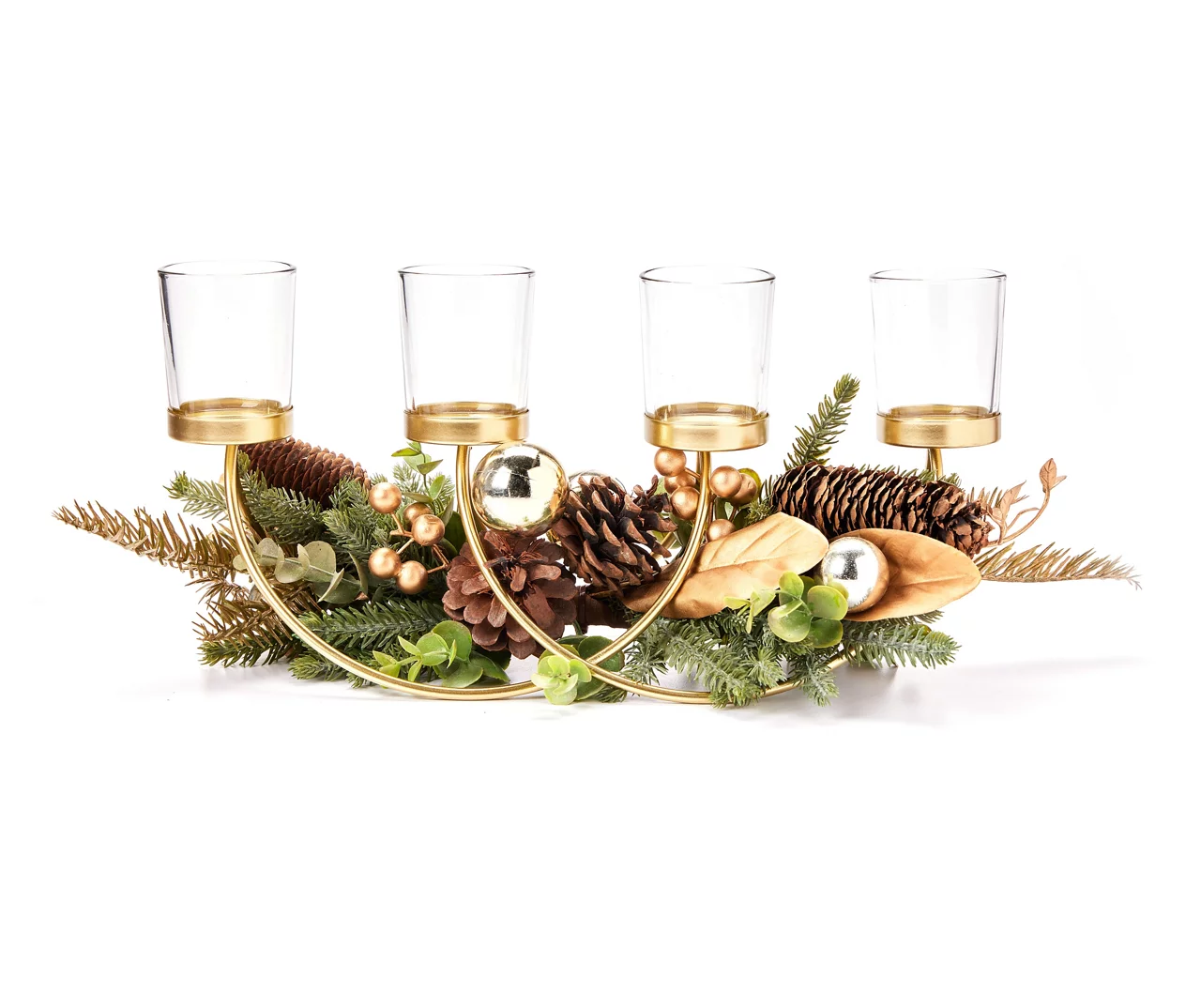 Festive Gathering Gold 4-Tier LED Votive Candle Centerpiece With Pine, Leaves And Berries 1 Festive Gathering Gold 4-Tier LED Votive Candle Centerpiece With Pine, Leaves And Berries