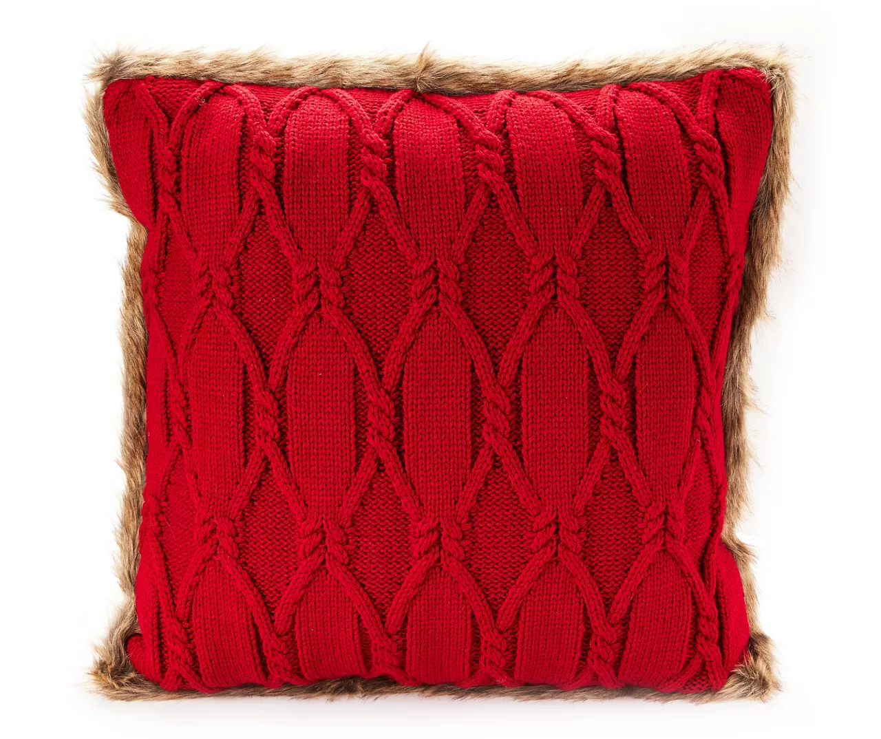Red Cable-Knit Faux Fur-Trim Throw Pillow 1 Red Cable-Knit Faux Fur-Trim Throw Pillow