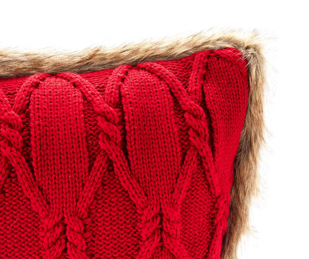 Red Cable-Knit Faux Fur-Trim Throw Pillow 3 Red Cable-Knit Faux Fur-Trim Throw Pillow - Image 3